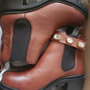 Steve Madden Brown Leather Ankle Boots with Jeweled Strap